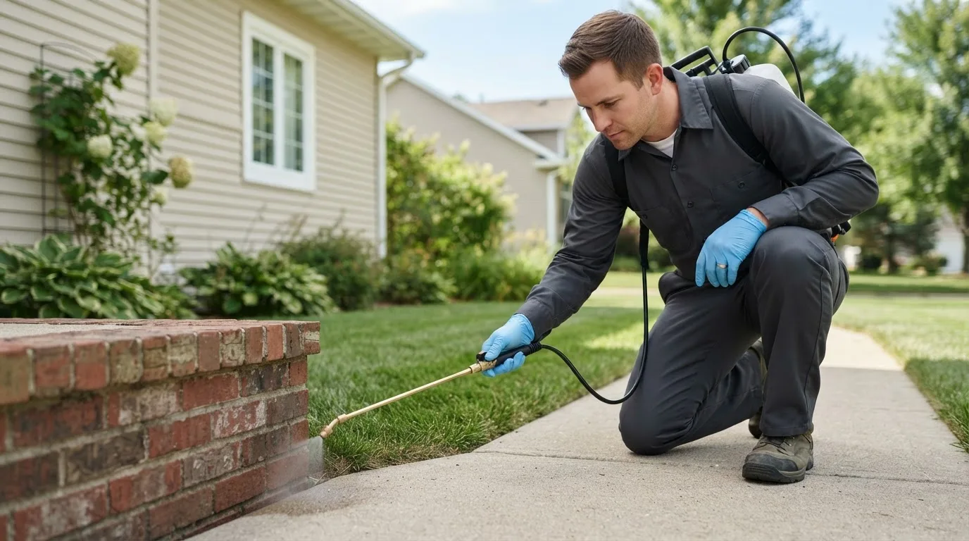 Pest control technician treating a home near Telephone, TX