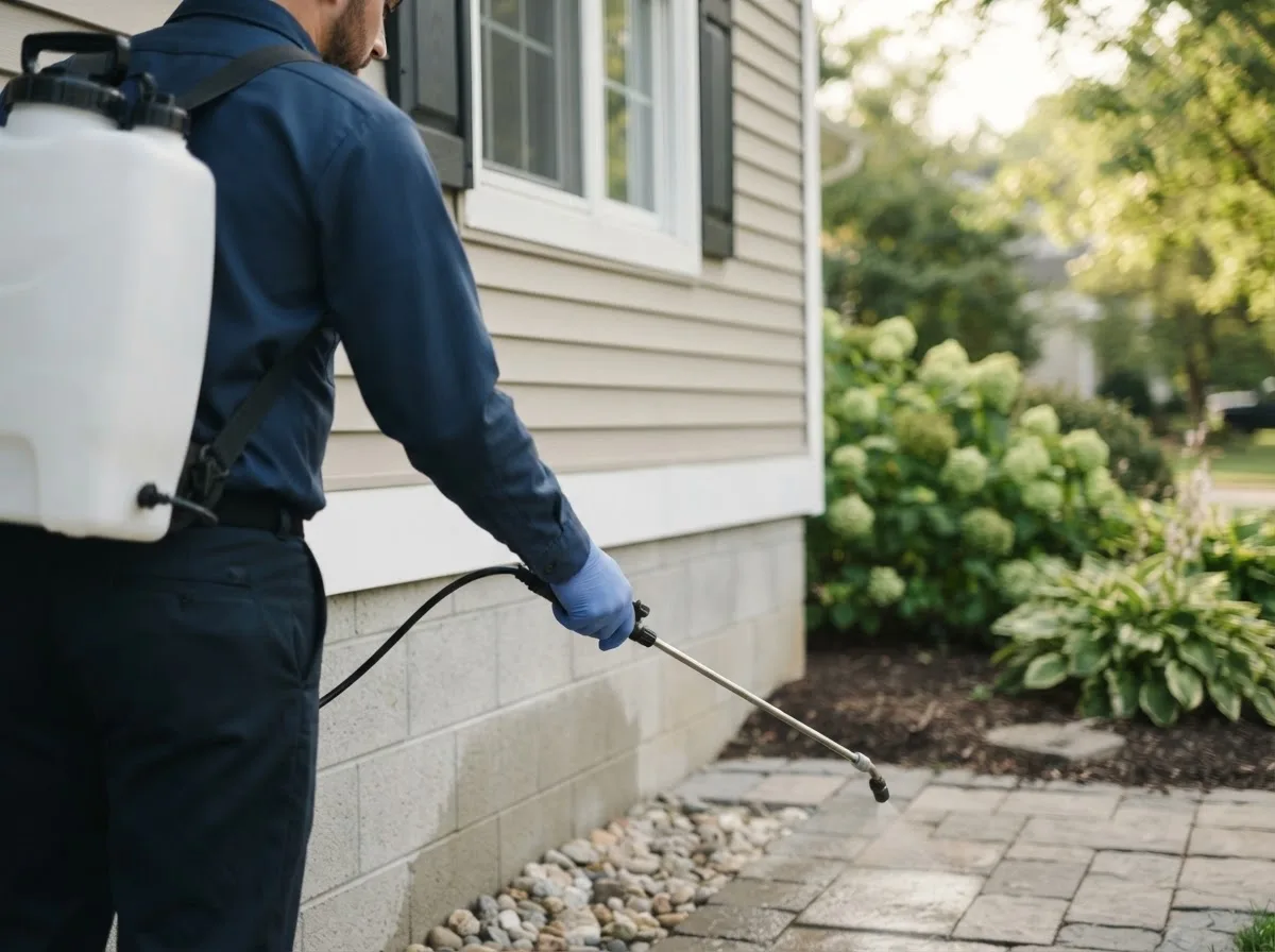 Pest control technician inspecting a home in Telephone, TX